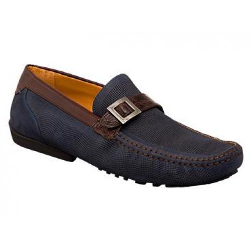 Mezlan "Ilario" Blue / Brown Genuine Crocodile  Leather/Ascot Calfskin Shoes